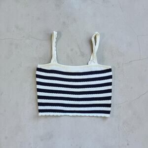 Flat White Knit Cami Crop Top Navy Cream Striped Pointelle Spaghetti Strap XS